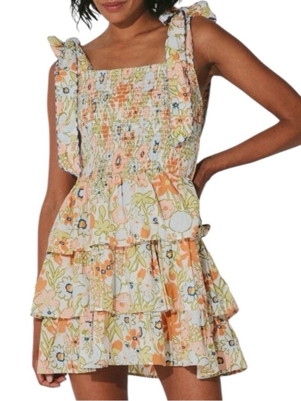 Cleobella Floral Tiered Sundress in Peach, Light Blue & Cream
